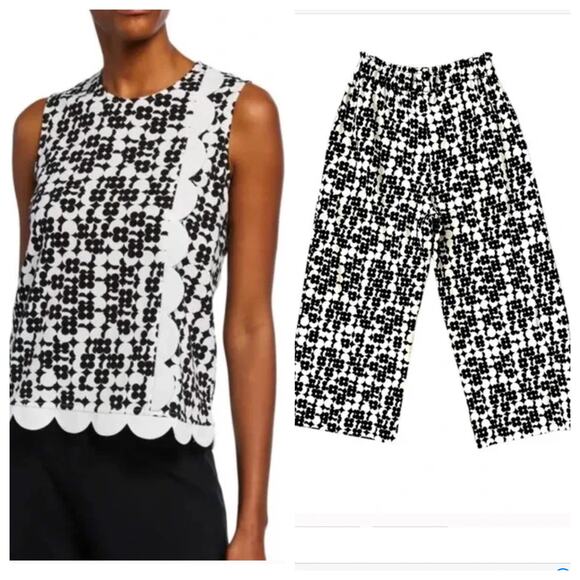 Joan Vass SET Mod-Print L Crewneck Shell w Scalloped Trim WITH matching M pants! - Picture 1 of 15